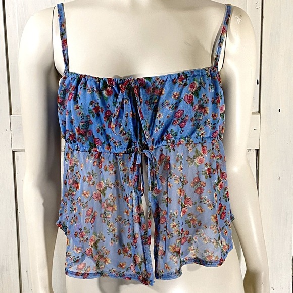 live in the moment Tops - Live In The Moment Blue Floral Mesh Tie Front Babydoll Cami Top Womens Medium